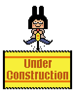 2 frame animation of alayna in a hardhat, riding a jackhammer with a smiling face. she is drilling on a large yellow rectangle with wavy top and bottom, orange horizontal stripes, and text that reads under construction.
